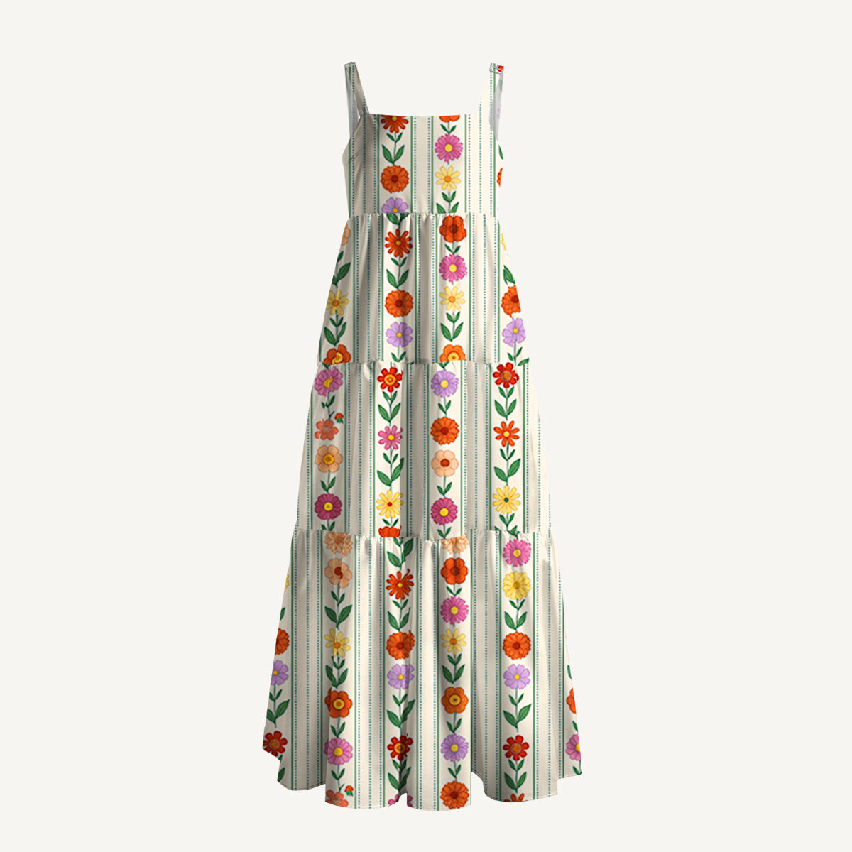 Vintage Vertical Floral Stripe Print Wide Straps Maxi Dress With Pockets
