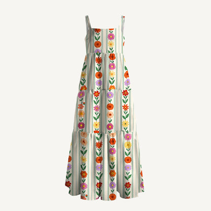 Vintage Vertical Floral Stripe Print Wide Straps Maxi Dress With Pockets