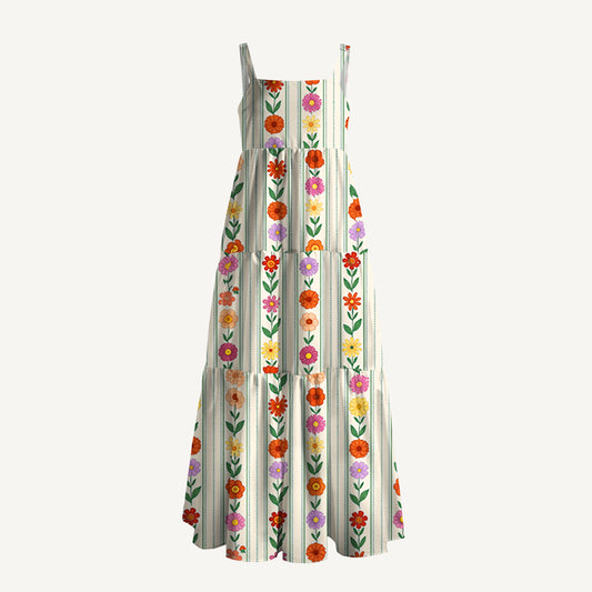 Vintage Vertical Floral Stripe Print Wide Straps Maxi Dress With Pockets