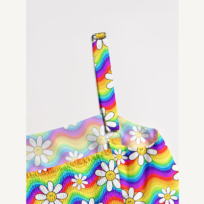 Rainbow Floral Print Wide Straps Maxi Dress With Pockets