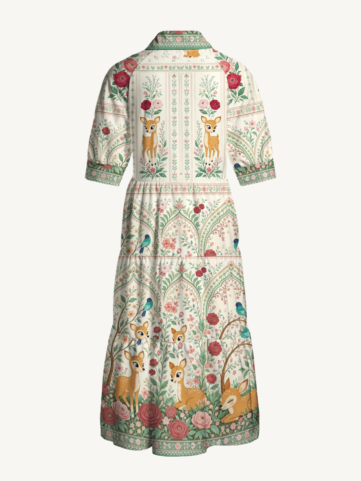 V Neck Collared Cream Garden Fawn Forest Print Casual Midi Dress With Pockets