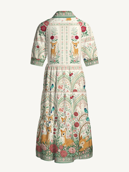 V Neck Collared Cream Garden Fawn Forest Print Casual Midi Dress With Pockets