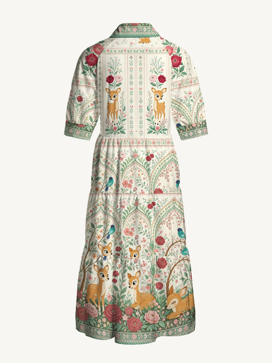 V Neck Collared Cream Garden Fawn Forest Print Casual Midi Dress With Pockets
