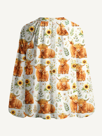 Spring Highland Cow Floral Print Boho Long Sleeve Tie‑Neck Blouse