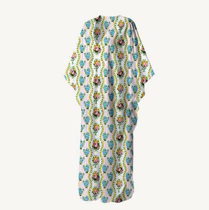 V‑Neck Vintage Bouquet Rose Kimono Sleeve Kaftan Dress