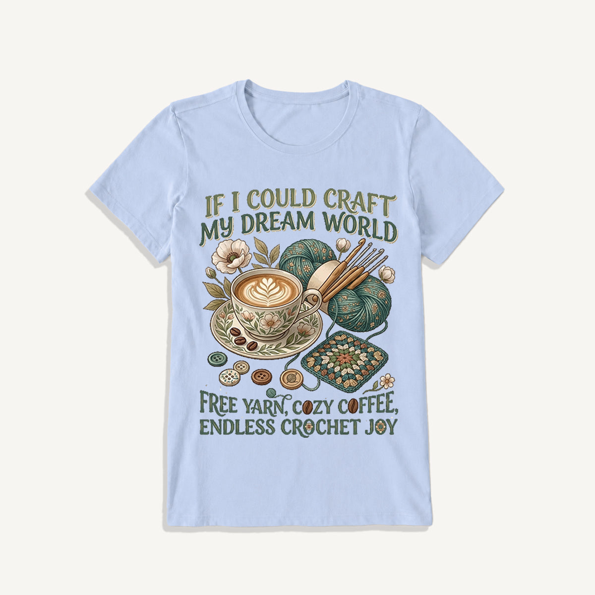 Cozy Coffee Crochet Dream Print Crew Neck Cotton Tee