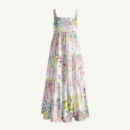 Watercolor Meadow Print Wide Straps Maxi Dress With Pockets