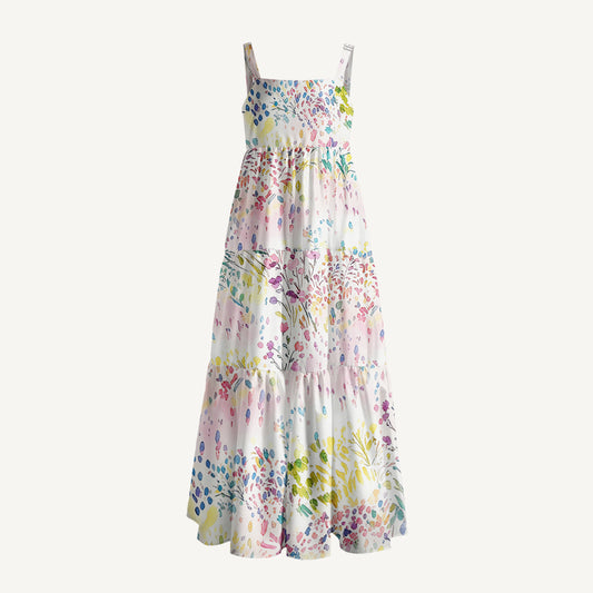 Watercolor Meadow Print Wide Straps Maxi Dress With Pockets