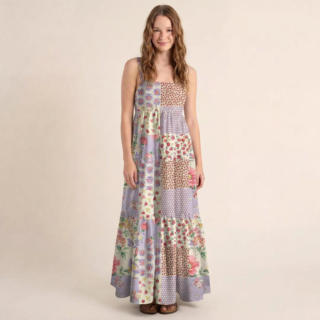 Country Patchwork Floral Printed Wide Straps Maxi Dress With Pockets