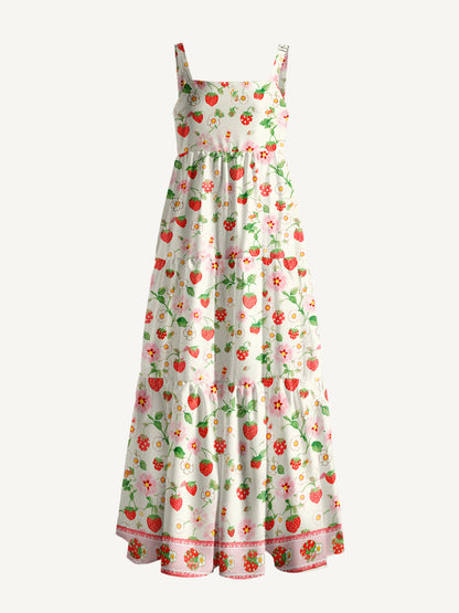 Strawberry Meadow Print Wide Straps Maxi Dress With Pockets