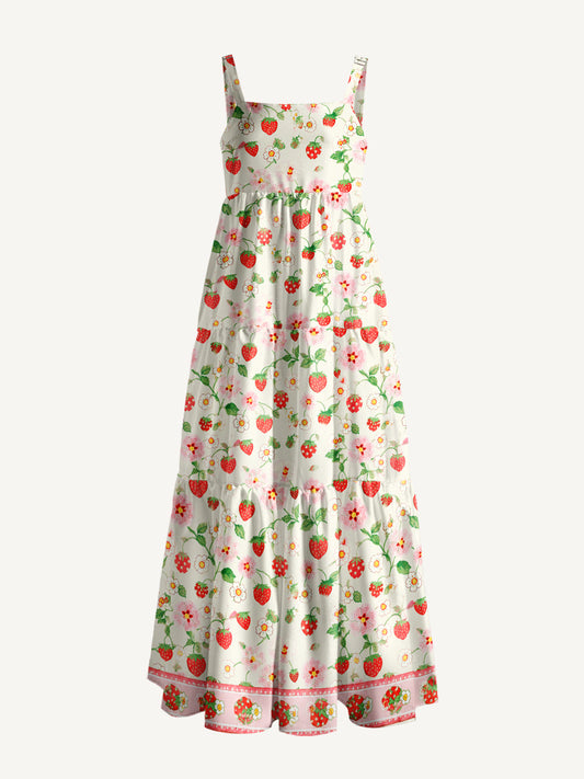 Strawberry Meadow Print Wide Straps Maxi Dress With Pockets