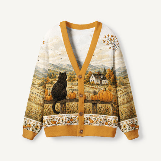 Autumn Pumpkin Field Black Cat Country Print Ugly Cardigan Sweaters