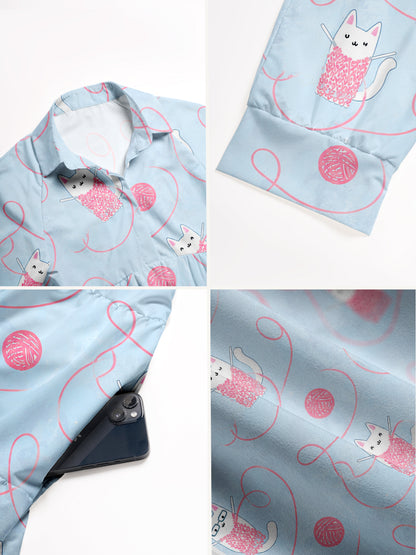 V Neck Collared Cozy Yarn Basket Cat Print Casual Midi Dress With Pockets