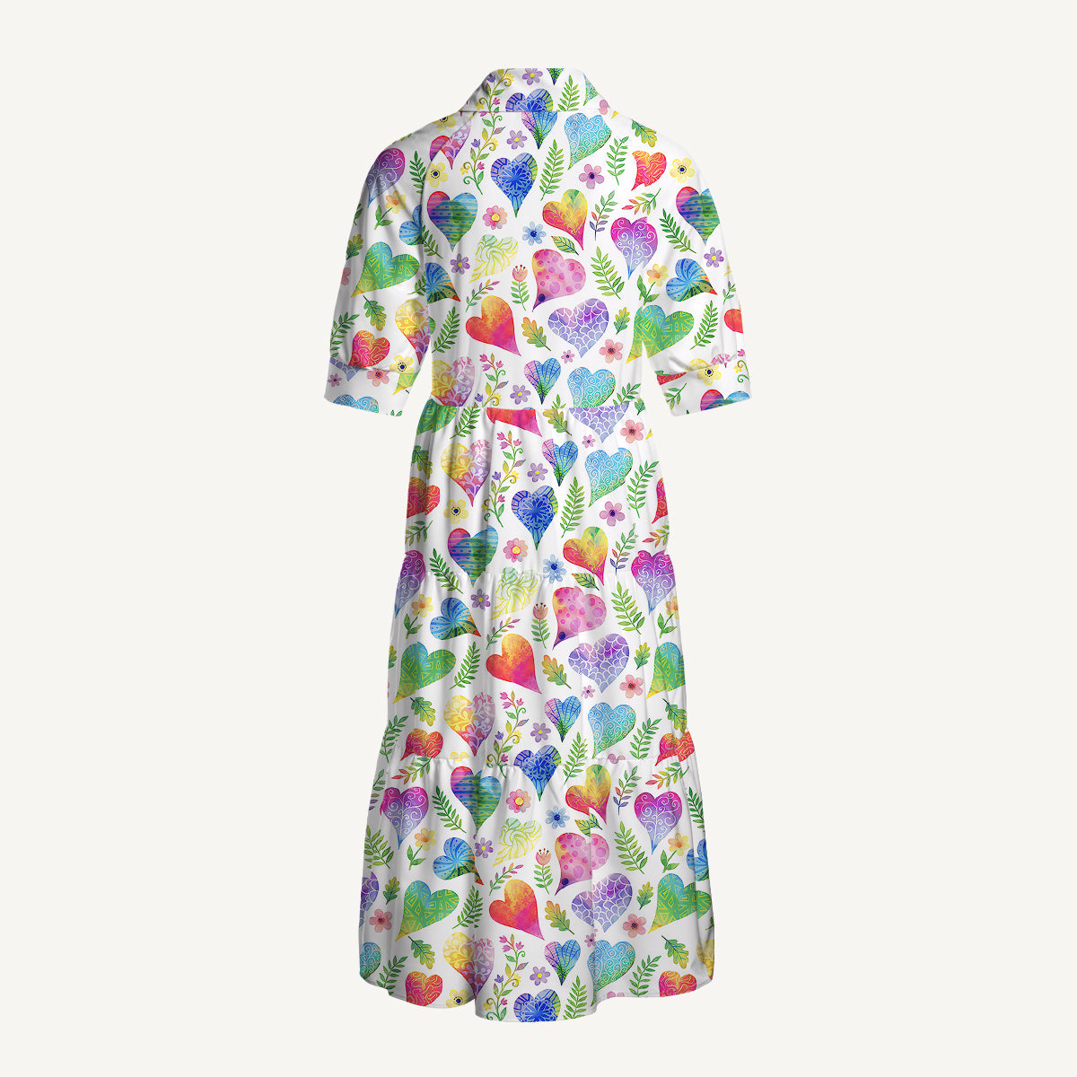 V Neck Collared Colorful Doodle Love Pattern Print Casual Midi Dress With Pockets
