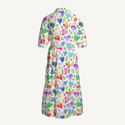 V Neck Collared Colorful Doodle Love Pattern Print Casual Midi Dress With Pockets