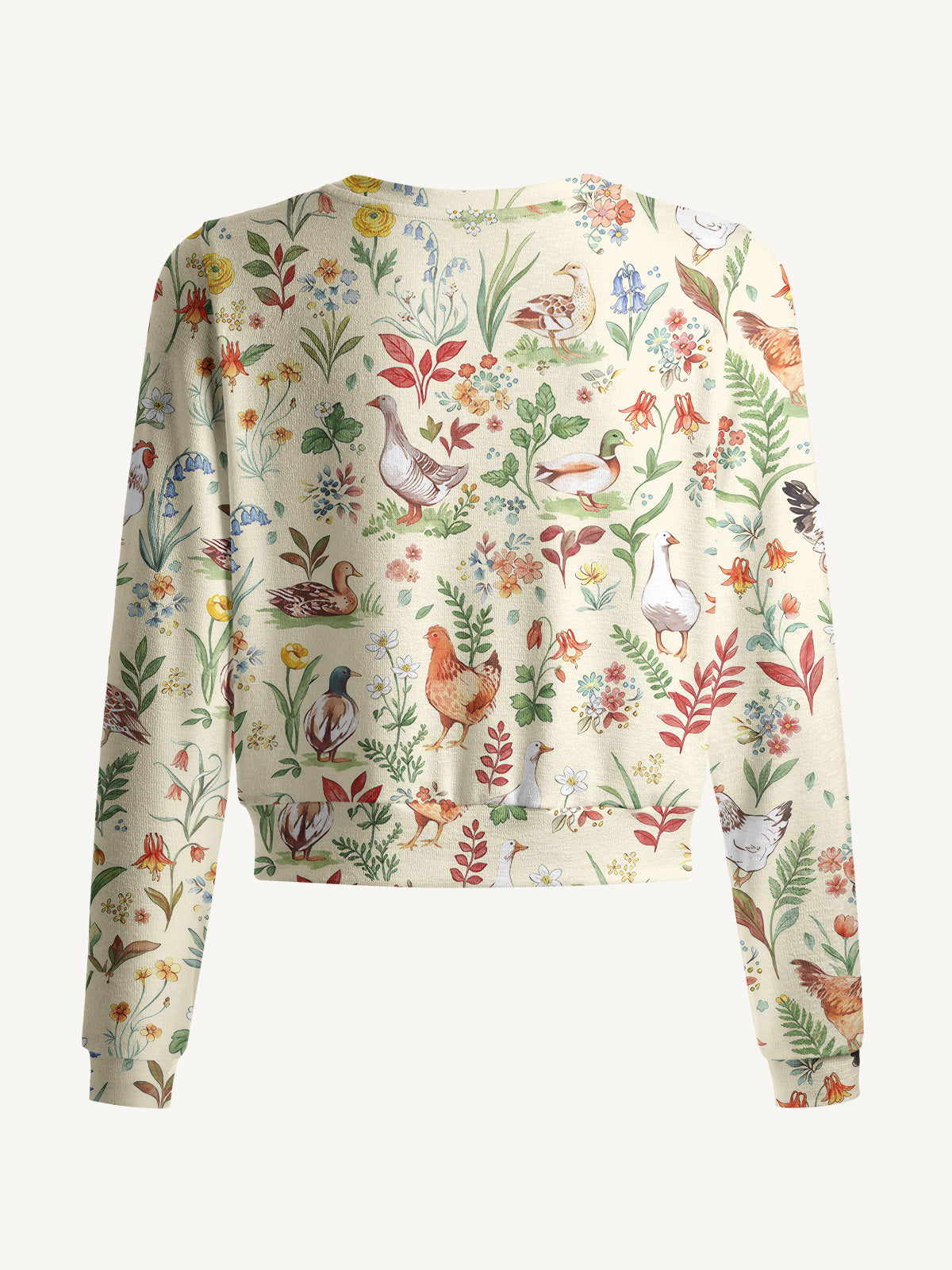 Lightweight Crew Neck Long‑Sleeve Cropped Countryside Garden Critter Print Fine‑Knit Cardigan