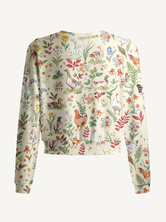 Lightweight Crew Neck Long‑Sleeve Cropped Countryside Garden Critter Print Fine‑Knit Cardigan