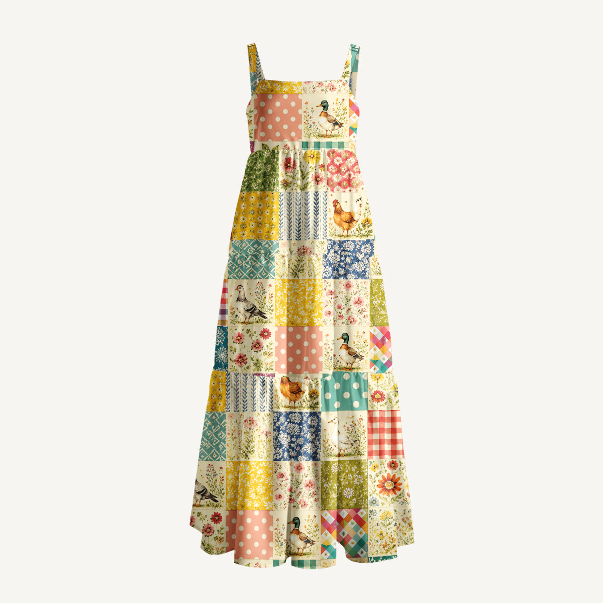 Country Patchwork Garden Print Wide Straps Maxi Dress With Pockets