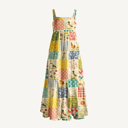 Country Patchwork Garden Print Wide Straps Maxi Dress With Pockets