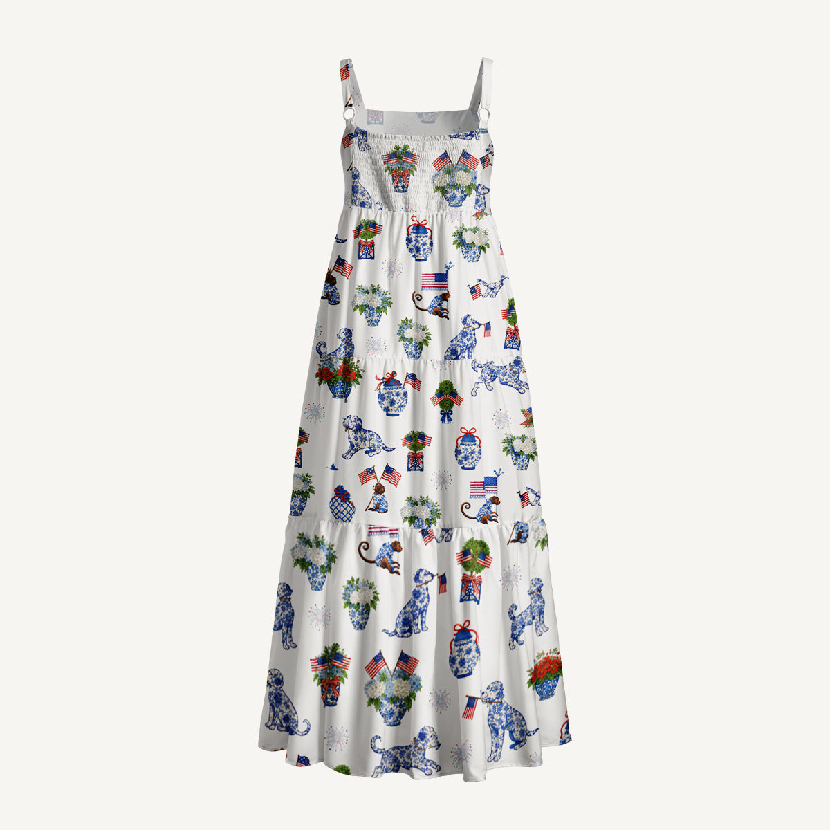 Patriotic Pups & Porcelain Print Wide Straps Maxi Dress With Pockets