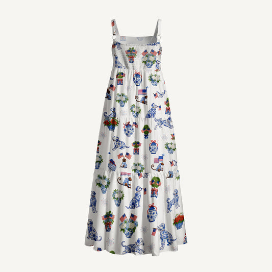 Patriotic Pups & Porcelain Print Wide Straps Maxi Dress With Pockets