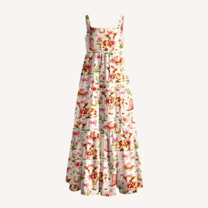 Pink Cow Cowgirl Boots Floral Print Wide Straps Maxi Dress With Pockets