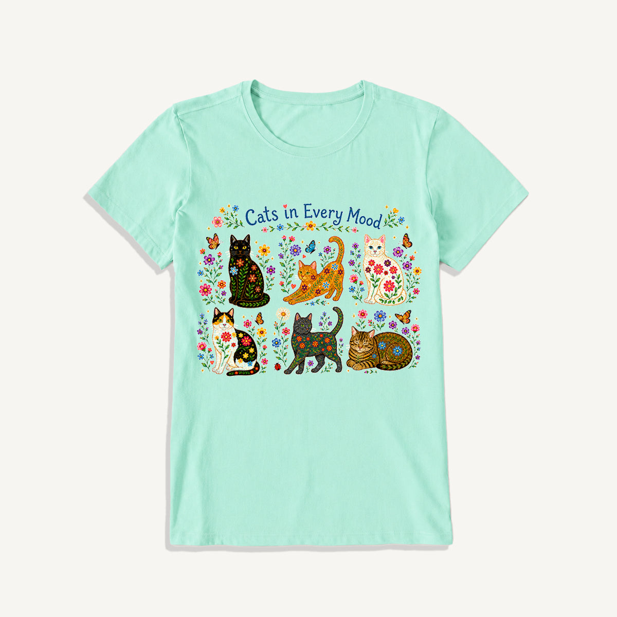 Cats in Every Mood Print Crew Neck Cotton Tee
