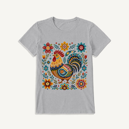 Folk Art Rooster Embroidery Print Crew Neck Cotton Tee