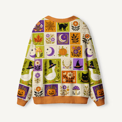 Halloween Pumpkin Goose Garden Patchwork Print Ugly Cardigan Sweaters