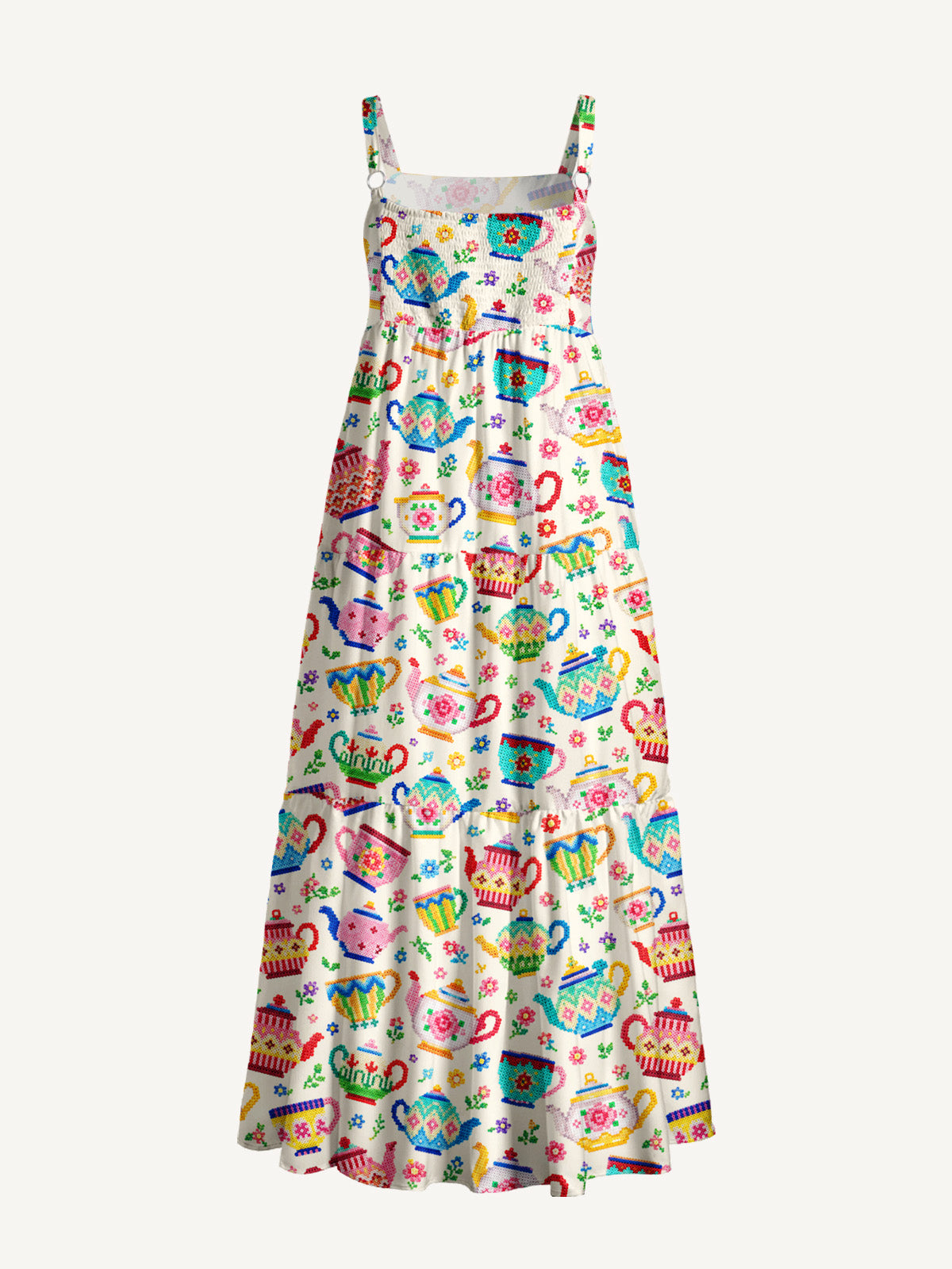 Whimsical Beaded Teapots Print Wide Straps Maxi Dress With Pockets
