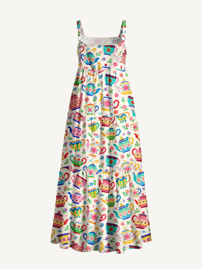 Whimsical Beaded Teapots Print Wide Straps Maxi Dress With Pockets