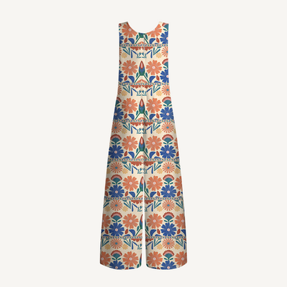V-Neck Bohemian Folk Floral Stripe Jumpsuit with Pockets for Women
