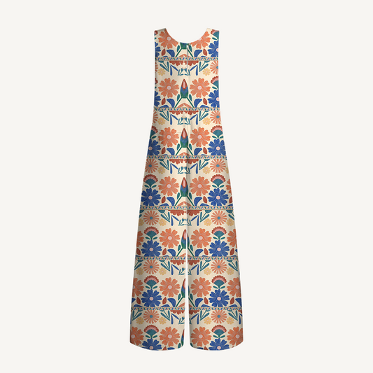 V-Neck Bohemian Folk Floral Stripe Jumpsuit with Pockets for Women