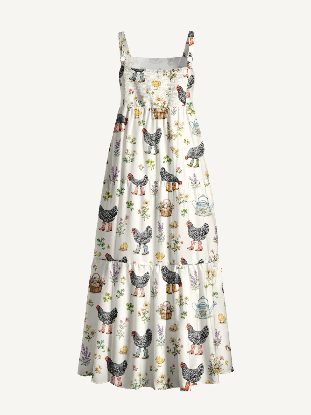 Booted Chickens Print Wide Straps Maxi Dress With Pockets