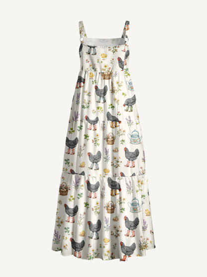 Booted Chickens Print Wide Straps Maxi Dress With Pockets