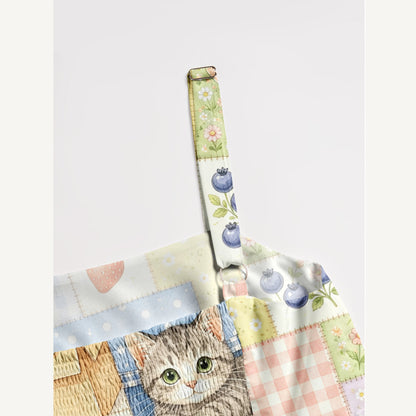 Vintage Patchwork Kitty Print Wide Straps Maxi Dress With Pockets