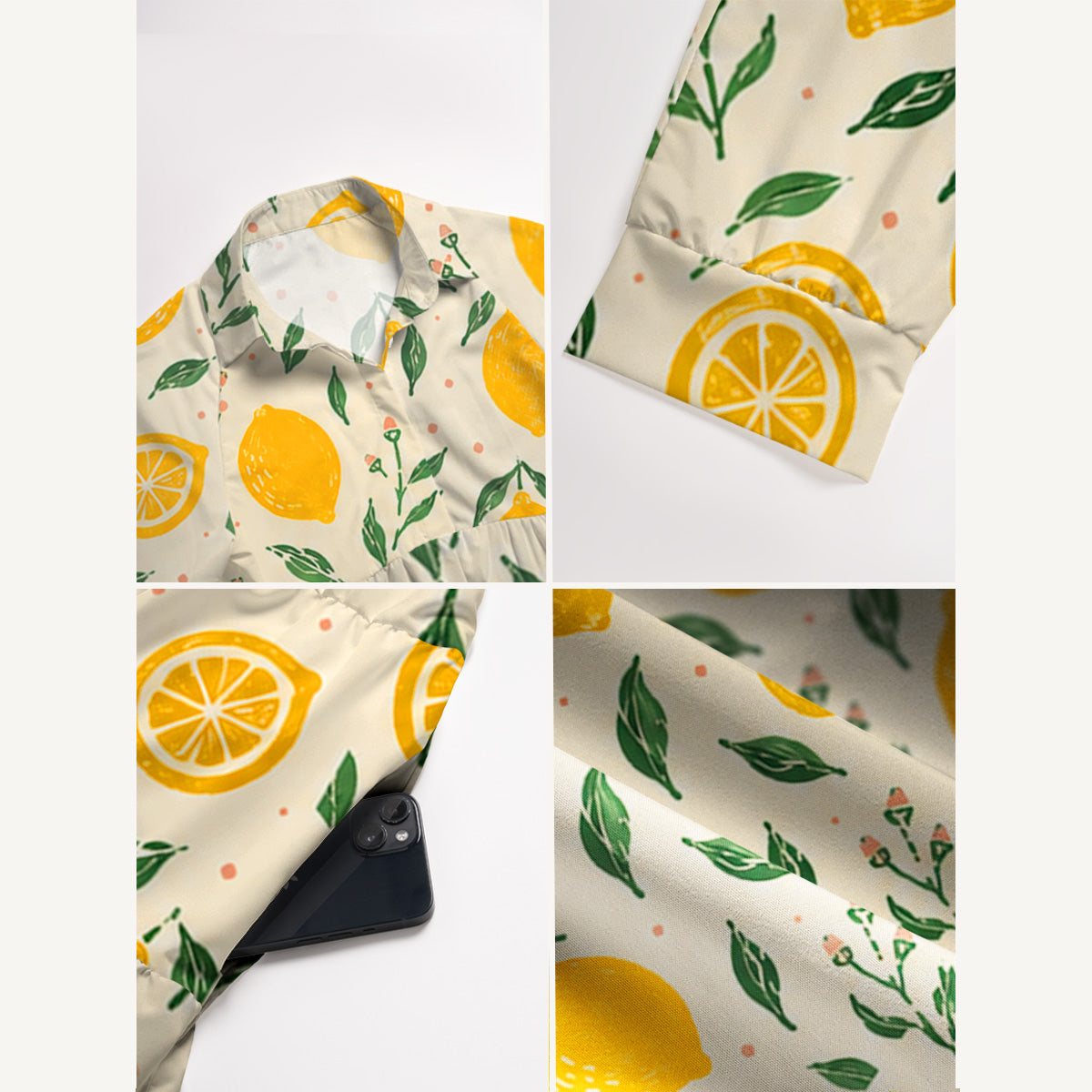 V Neck Collared Vintage Lemon Orchard Print Casual Midi Dress With Pockets