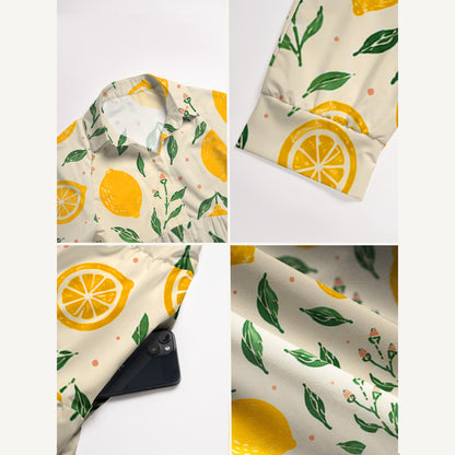 V Neck Collared Vintage Lemon Orchard Print Casual Midi Dress With Pockets