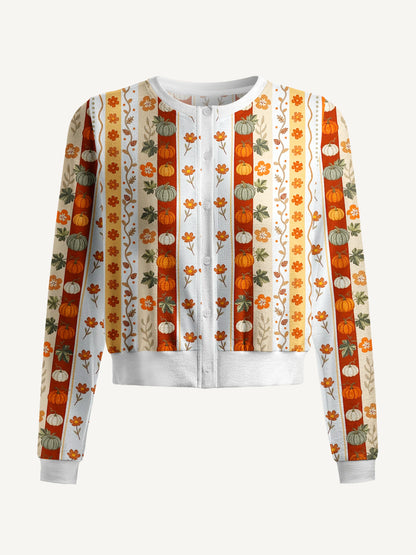 Lightweight Crew Neck Long‑Sleeve Cropped Autumn Pumpkin Patch Stripe Print Fine‑Knit Cardigan