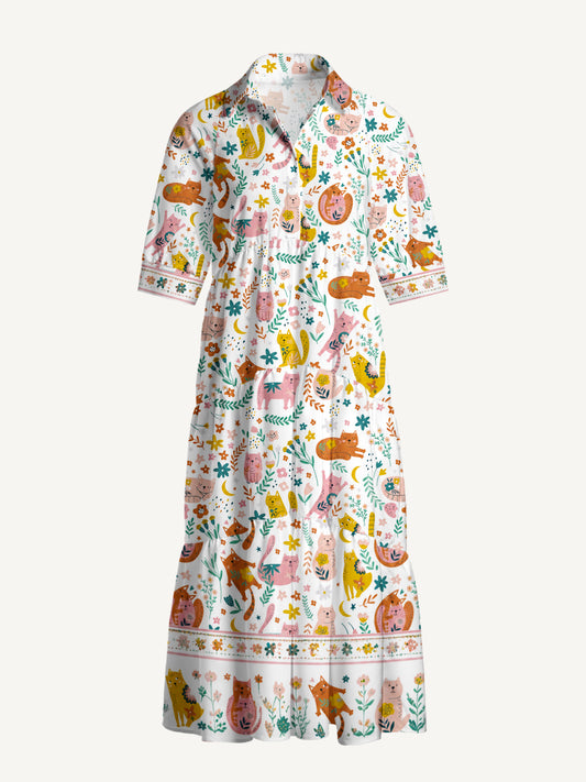 V Neck Collared Floral Cozy Cat Print Casual Midi Dress With Pockets