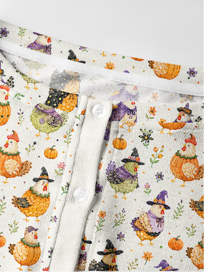 Lightweight Crew Neck Long‑Sleeve Cropped Cute Whimsical Chicken Colorful Print Fine‑Knit Cardigan