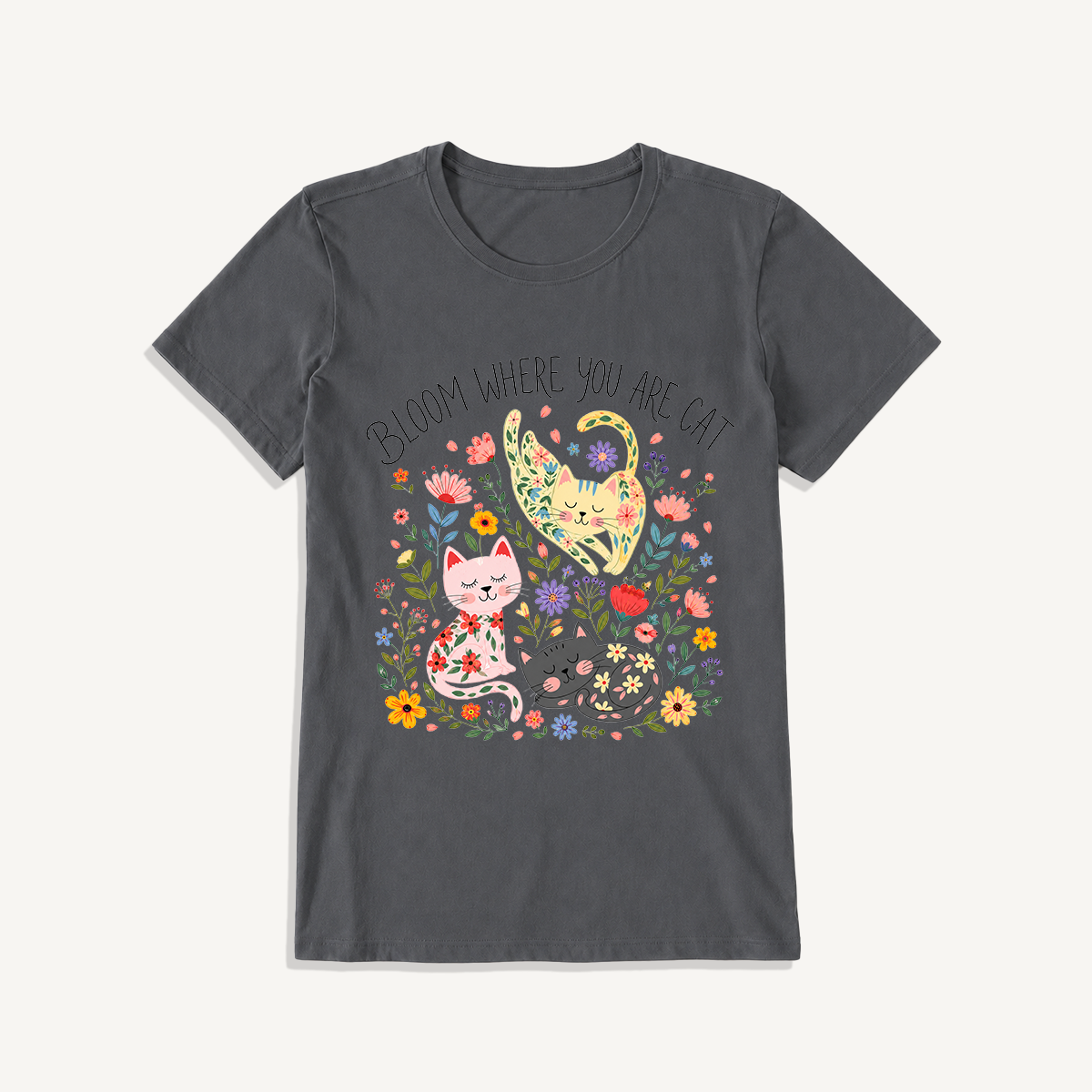 Floral Feline Bloom Print Crew Neck Cotton Tee