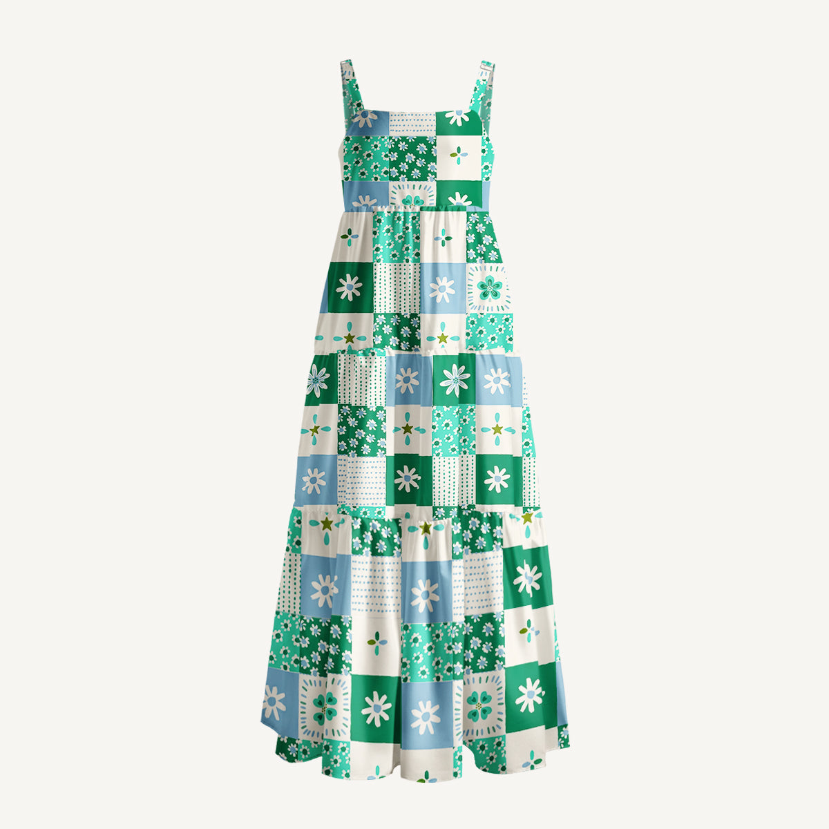 Patchwork Check Floral Print Wide Straps Maxi Dress With Pockets