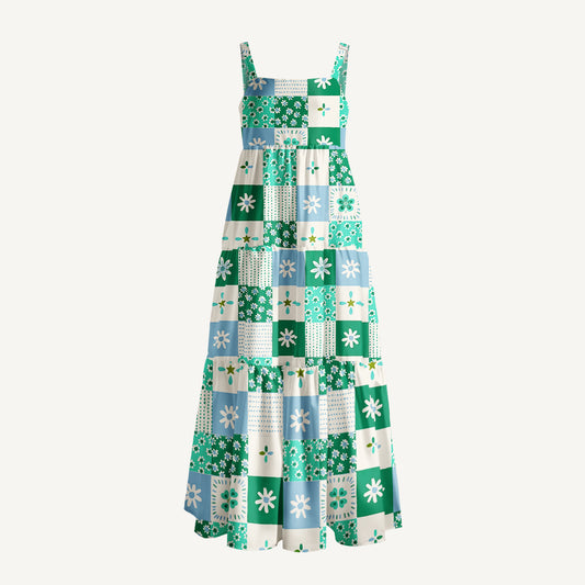 Patchwork Check Floral Print Wide Straps Maxi Dress With Pockets
