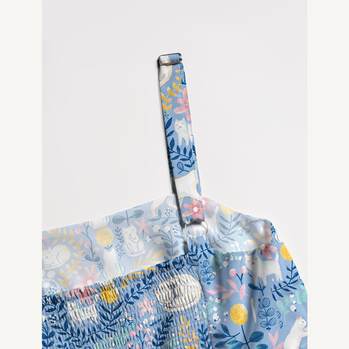 Square Neck Blue Leaf Cat Print Wide Straps Maxi Dress With Pockets