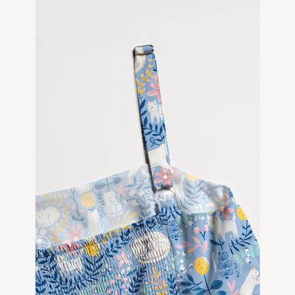 Square Neck Blue Leaf Cat Print Wide Straps Maxi Dress With Pockets