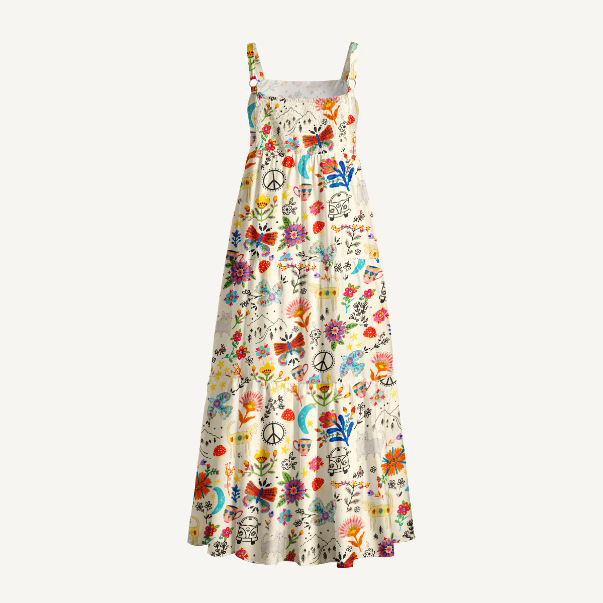 Boho Rainbow Folk Art Print Wide Straps Maxi Dress With Pockets