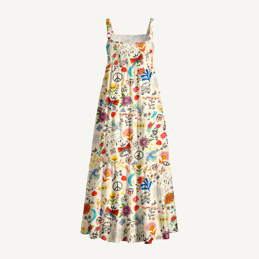 Boho Rainbow Folk Art Print Wide Straps Maxi Dress With Pockets