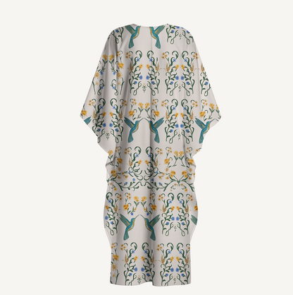 V‑Neck Whispering Hummingbird Kimono Sleeve Kaftan Dress