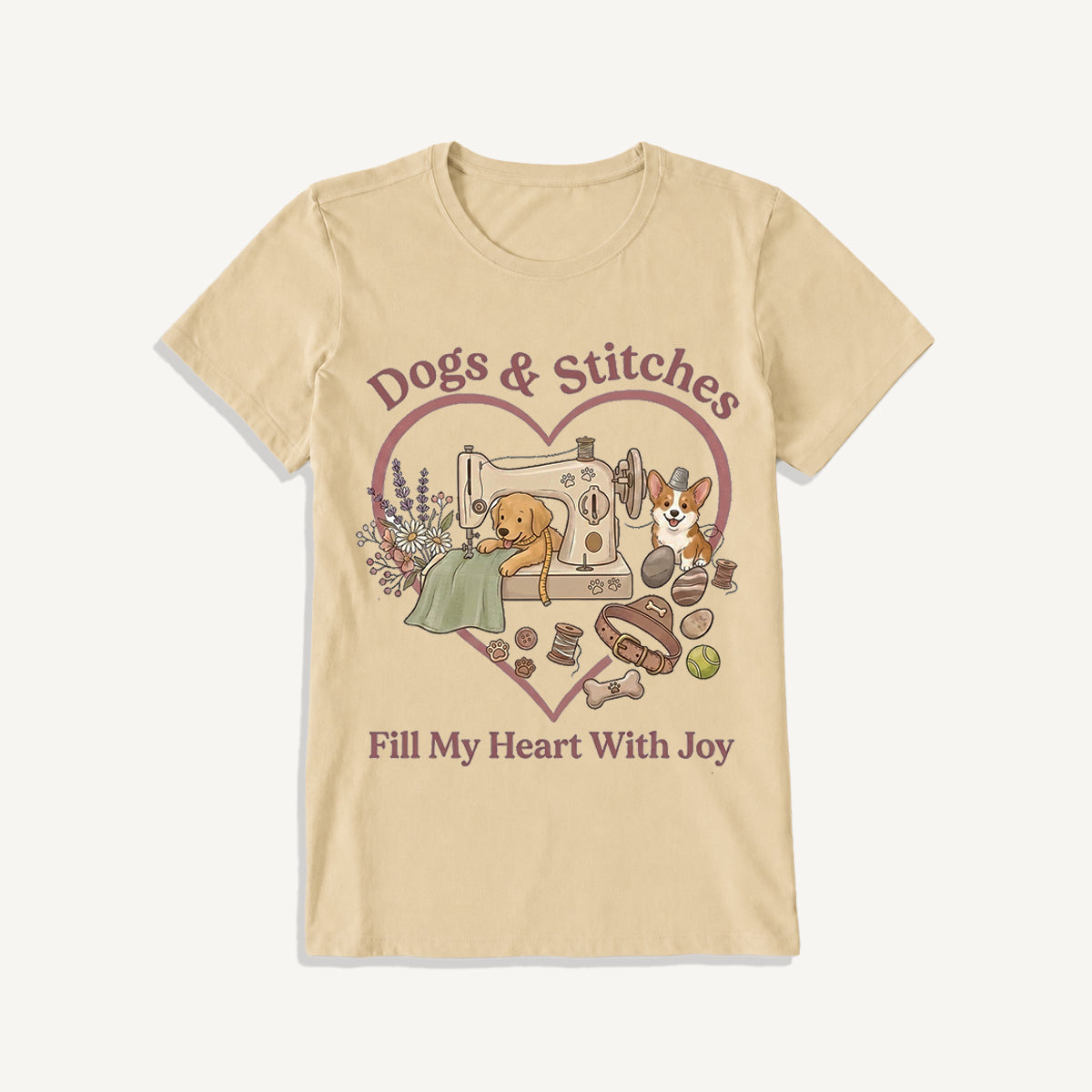 Puppy Stitches and Joy Print Crew Neck Cotton Tee